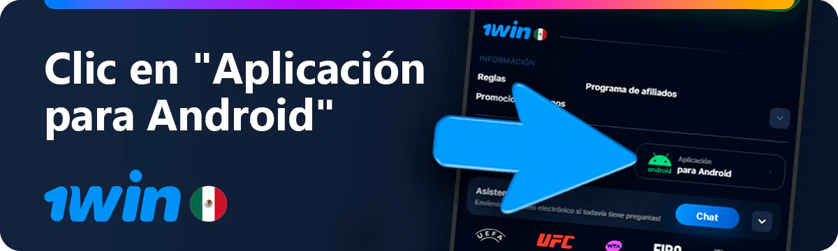 Clic en "Aplicación Android" en web de 1win