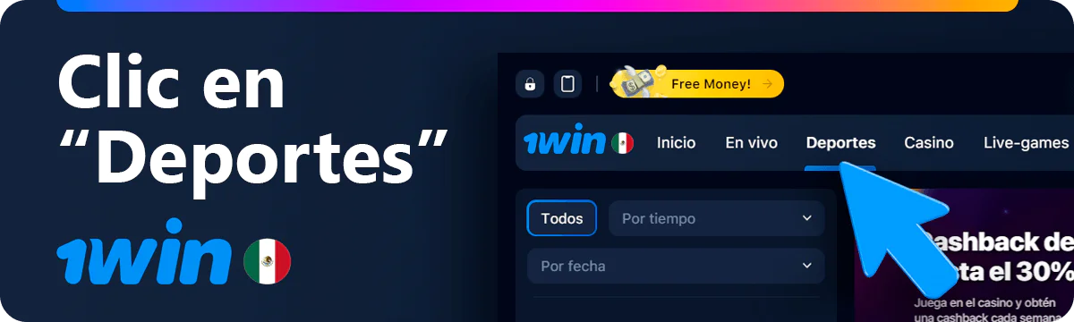 Haga clic en "Deporte" en el menú 1win